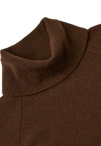 Brauner Rollkragenpullover aus Strickstoff. Verfügt über einen gerippten Kragen und ein nahtloses Design. Weiche Textur mit einfarbigem Finish.
