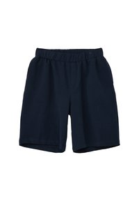 Dunkelblaue Baumwollshorts mit einem elastischen Bund, geradem Schnitt und genähten Säumen. Verfügt über keine Taschen oder zusätzlichen Details.