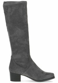 Stivaletto grigio in suede alto fino al ginocchio, con punta squadrata, tacco a blocco basso e design senza cuciture. Presenta una texture morbida e una silhouette elegante.