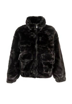 Veste en fausse fourrure noire avec un col haut, fermeture à zip, deux poches avant et une surface douce et texturée.