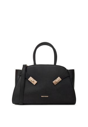 Schwarze Lederhandtasche mit zwei Griffen, abnehmbarem Schulterriemen, goldenen Verschlussdetails und "GINO ROSSI"-Logo in der Mitte vorne.