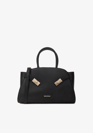 Schwarze Lederhandtasche mit zwei Griffen, abnehmbarem Schulterriemen, goldenen Verschlussdetails und "GINO ROSSI"-Logo in der Mitte vorne.