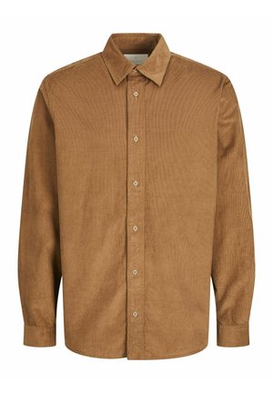 Chemise en velours côtelé marron avec un devant à boutons, des manches longues et un col standard. Présente un côtes verticales et des boutons assortis.