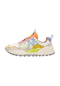 Multicolored sneaker featuring a mix of materials including mesh and suede. Notable details include floral cutouts and textured outsole.