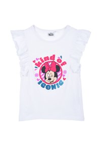 Camiseta blanca de algodón con ribetes rizados en las mangas, que presenta un gráfico de Minnie Mouse y el texto "un poco ICÓNICO" en rosa y azul brillante.