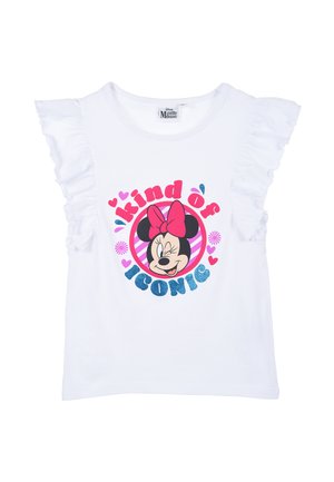 Weißes Baumwoll-T-Shirt mit Rüschensaum, das eine Grafik von Minnie Mouse und den Text "kind of ICONIC" in Pink und glitzerndem Blau zeigt.