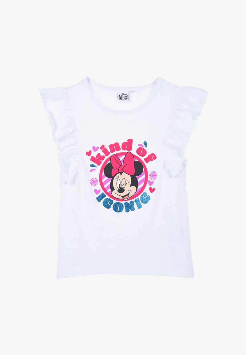T-shirt bianco in cotone con bordo a balze sulle maniche, caratterizzato da una grafica di Minnie Mouse e dalla scritta "kind of ICONIC" in rosa e blu glitterato.