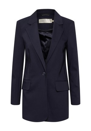 Marinblå blazer med spetsig krage, enkel knappstängning, två framfickor och satinfoder. Skräddarsydd passform med lång ärm.