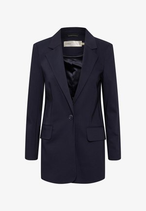 Blazer de marină cu rever încadrat, închidere cu un singur nasture, două buzunare frontale și căptușeală din satin. Fit ajustat cu mâneci lungi.