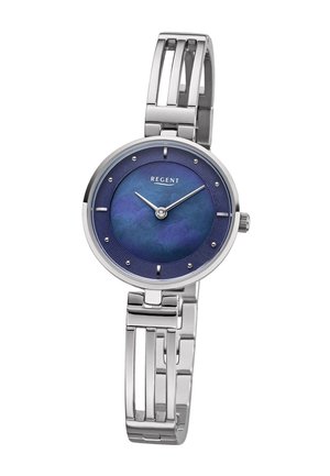 Montre-bracelet ronde en argent avec cadran dégradé bleu, index argentés et bracelet métallique à maillons ouverts, affichant l'heure à 10h10.