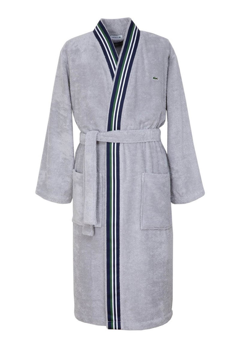Grauer Frottee-Bademantel mit Schalkragen, kontrastierenden marineblauen und grünen Streifen an der Vorderseite, Gürtel und zwei Fronttaschen.