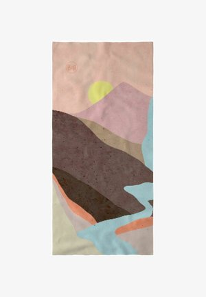 Mehrfarbiger Mikrofaser-Nackenschal mit abstraktem Gebirgs- und Flussdesign in sanften Farbtönen von Rosa, Braun, Blau und Gelb.