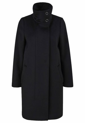 Manteau noir longueur genou avec col montant et deux boutons-pression métalliques, manches longues et poches latérales.