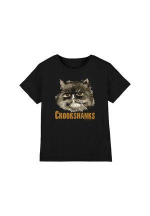 Black t-shirt featuring a detailed grumpy-looking gray cat face and the word "CROOKSHANKS" in bold orange letters below.