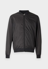 Black bomber jacket made of lightweight fabric, featuring a round neckline, front zipper, and ribbed cuffs and hem. Minimalist design.