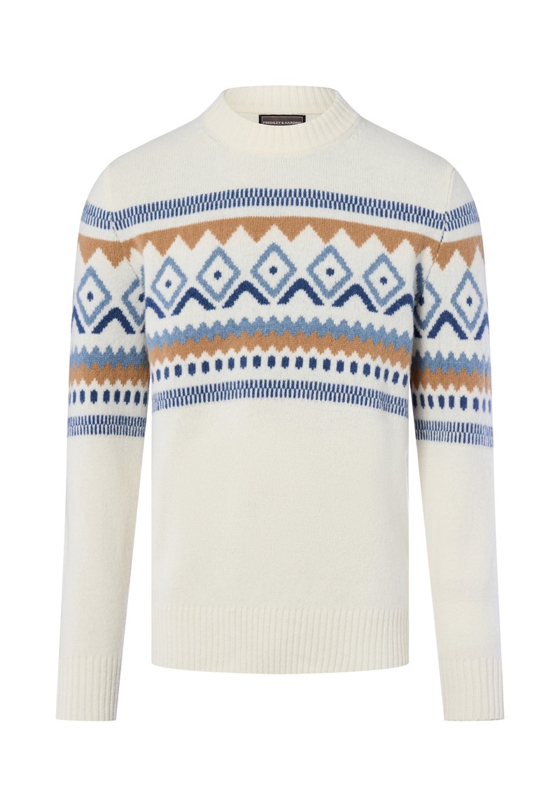 Cremefarbener Pullover mit rundem Halsausschnitt, der ein geometrisches Muster in Blau- und Brauntönen zeigt. Aus weichem Strickstoff gefertigt.