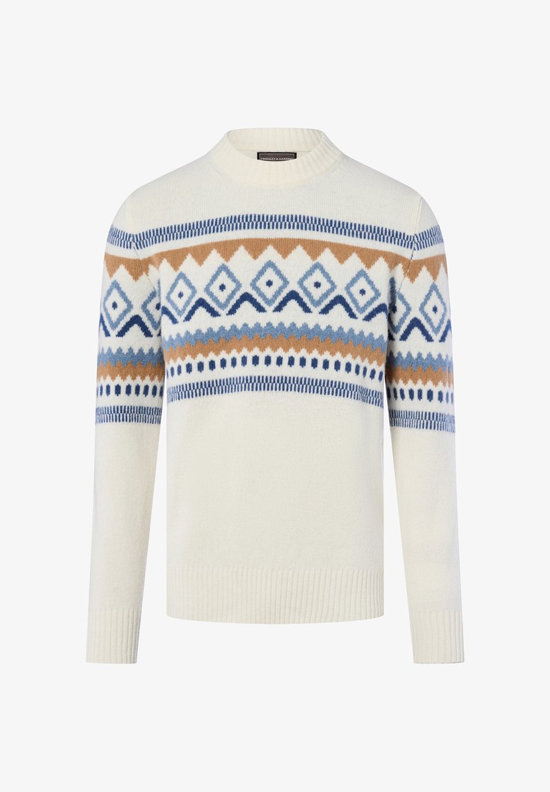 Cremefarbener Pullover mit rundem Halsausschnitt, der ein geometrisches Muster in Blau- und Brauntönen zeigt. Aus weichem Strickstoff gefertigt.