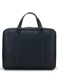 Marine leren laptoptas met een gestructureerde rechthoekige vorm, dubbele handvatten bovenaan en een ritssluiting. Kenmerkt zich door een textuur aan de buitenkant en een contrasterend paneel.