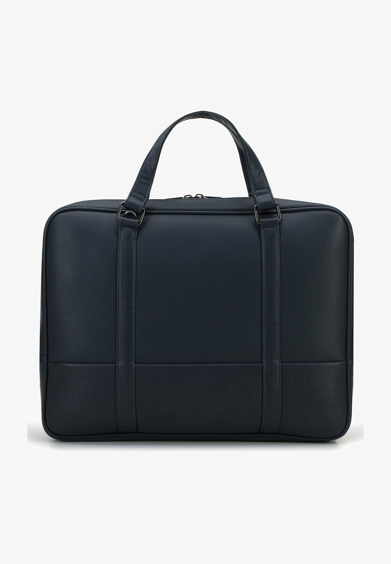Marineblaue Leder-Laptoptasche mit strukturierter, rechteckiger Form, zwei oberen Griffen und Reißverschlussverschluss. Verfügt über eine strukturierte Oberfläche und ein kontrastierendes Panel.