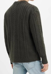 Ciemnozielony dziergany sweter z wzorem warkocza, okrągłym dekoltem oraz prążkowanymi mankietami i brzegiem. Tekstura wydaje się miękka i gruba.