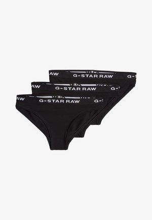 Schwarze Baumwollslips im Dreierpack, mit einem weißen Logo-Bund. Glatte Textur, Standardschnitt ohne zusätzliche Muster oder Akzente.