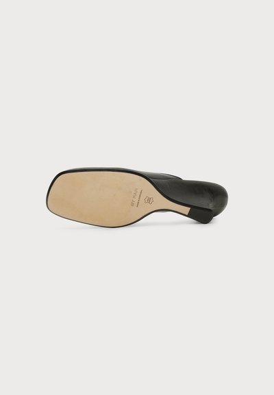 Chaussure à talon haut en cuir noir vue du côté de la semelle avec une semelle beige et des marquages de la marque, sur un fond clair uni.