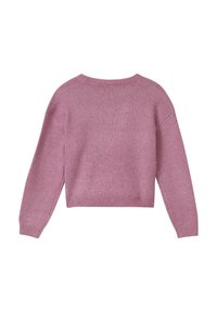 Rosa kurz geschnittener Pullover mit langen Ärmeln, geripptem Kragen und Bündchen sowie einem strukturierten Strickmuster, das Farbspritzer in kontrastierenden Farben aufweist.