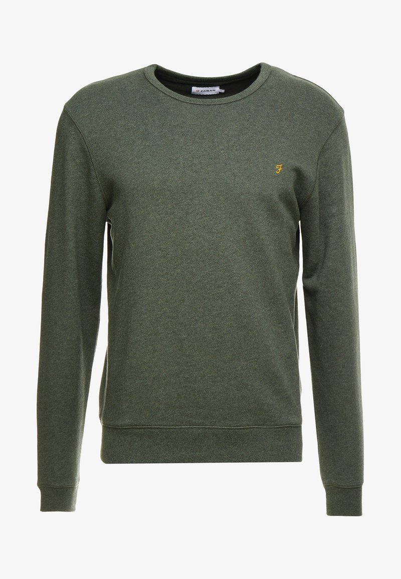 Pull col rond vert olive à manches longues avec poignets et bas côtelés, petit logo "F" jaune brodé sur la poitrine gauche.