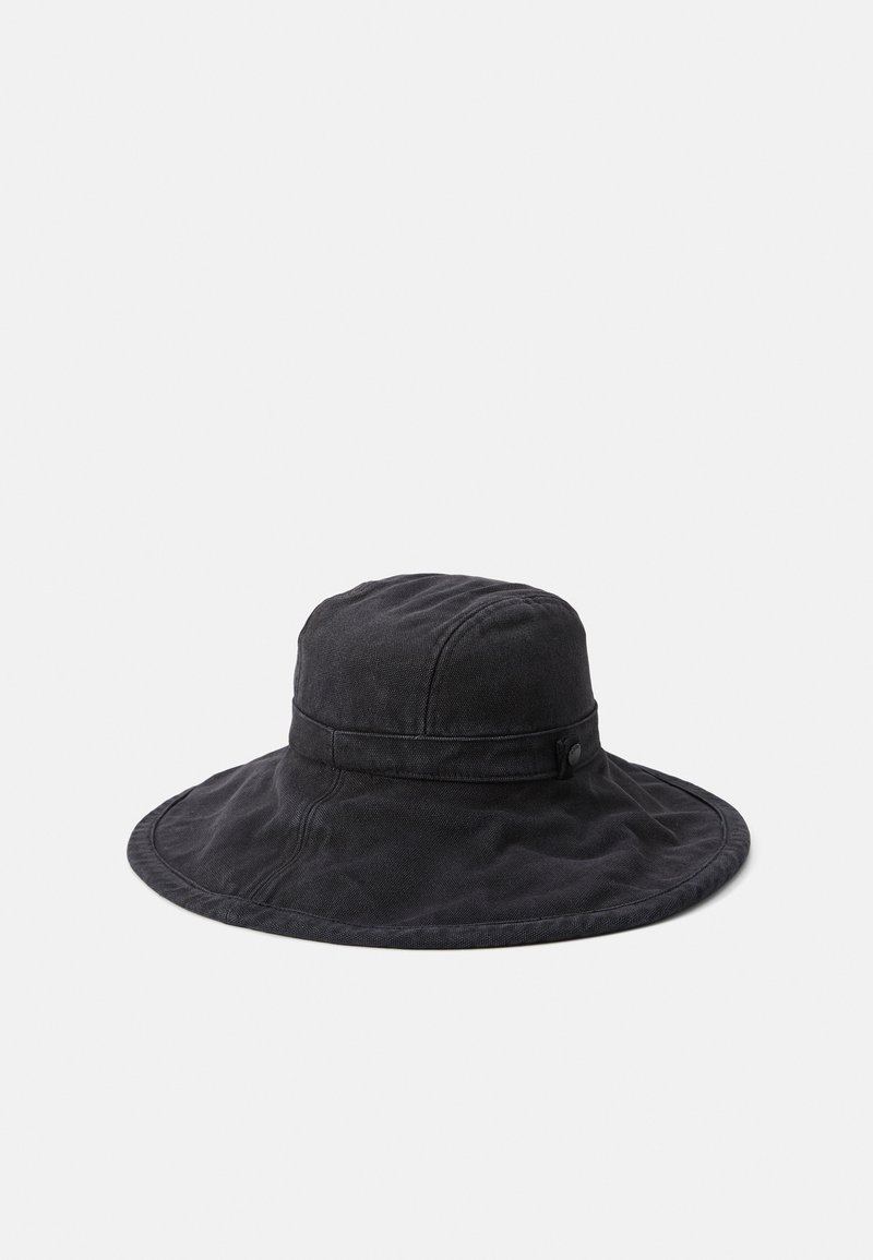 Black canvas bucket hat with a wide, floppy brim, featuring a textured finish and a band around the crown secured by a button.