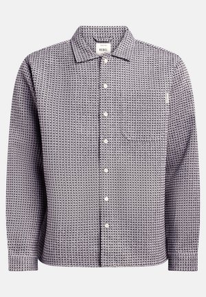 Long-sleeve button-up shirt with small geometric pattern in black and white, featuring a collar and a chest pocket.