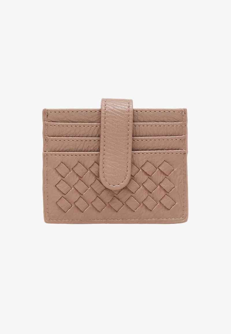 Brown leather cardholder featuring woven pattern, three card slots, and a top closure flap. Smooth texture and rectangular shape.
