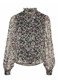 Kukallinen pusero kevyestä, läpikuultavasta kankaasta, jossa on korkea röyhelökaulus. Puserossa on pitkät liehukkeet hihat ja tumma pohja, jossa on purppuran ja pinkin sävyisiä kukkia.