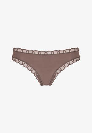 Bruine hipsteronderbroek met kant, gemaakt van een gladde stof, met een golvende rand langs de tailleband en de beenopeningen.