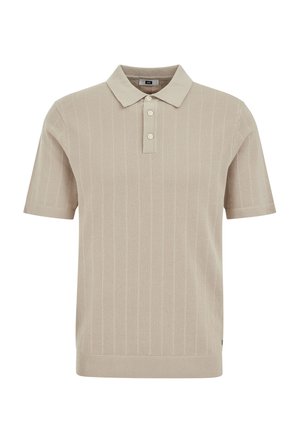 Bézs színű, rövid ujjú kötött pólóing texturált, függőleges csíkokkal, három gombbal és klasszikus gallérral.