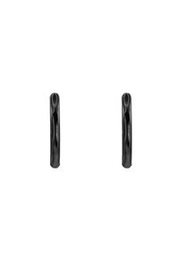Orecchini a cerchio in metallo nero con design liscio e rotondo e finitura lucida. Ogni orecchino appare leggero e dal design minimalista.