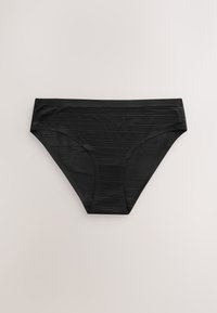 Slip de bikini negru din material ribbed. Dispune de o talie înaltă și o croială moderată. Textură netedă cu dungi verticale.