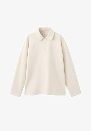 Langärmeliges, cremefarbenes Polohemd mit Kragen und Zweiknopf-Leiste, schlichtes Design, lockere Passform, auf weißem Hintergrund dargestellt.