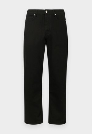 Jeans in denim nero con design a gamba dritta, caratterizzati da un classico layout a cinque tasche e dettagli in metallo argentato. Tessuto morbido e texturizzato.