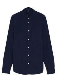 Granatowa koszula z długim rękawem wykonana z bawełnianej tkaniny, z przodem na guziki, kołnierzykiem i białymi guzikami na listwie.