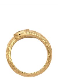 Goldring mit einem strukturierten, unregelmäßigen Design, dickem Band und einer erhöhten, polierten Steinfassung. Kreisform mit filigranen Mustern.