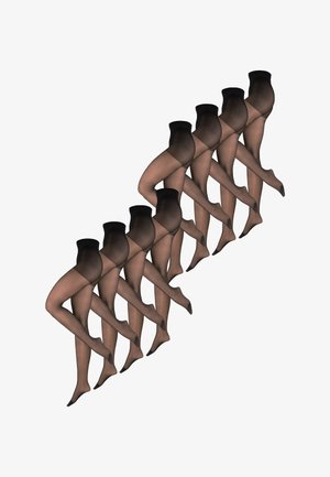 Zwarte transparante panty's met een gladde textuur en een hoge tailleband, gecombineerd met zwarte hoge hakken en een zwarte beha tegen een neutrale achtergrond.