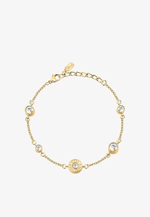 Gouden kettingarmband met vijf heldere kristallen, één centraal kristal omgeven door een ronde gouden schijf gegraveerd met "KARL LAGERFELD."