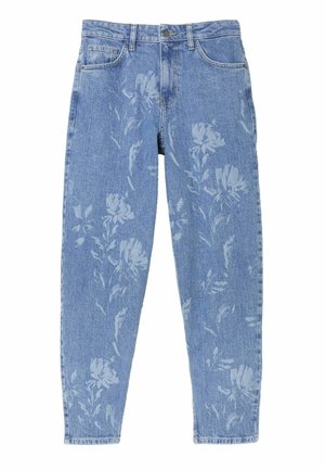 Blue denim jeans with high waist and faded floral print patterns on front and legs, featuring front pockets and belt loops.