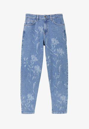 Blugi de denim albastru cu talie înaltă și modele șterse de imprimeuri florale pe partea din față și pe picioare, având buzunare frontale și bucle pentru curea.