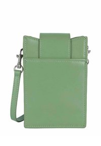 Borsa a tracolla verde in pelle, di forma rettangolare, con chiusura a patta, tasca laterale e tracolla regolabile. Texture liscia con dettagli di cucitura.