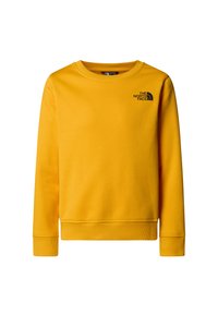 Gul crew neck-genser med ribbestrikkede mansjetter og nederkant. Har en liten svart logo på øvre venstre bryst. Laget av mykt stoff.
