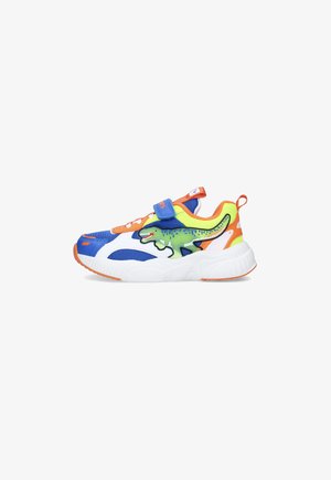 Scarpa da ginnastica per bambini con colori blu, arancione, bianco e giallo neon, con una grafica di un dinosauro verde sul lato e una chiusura a strappo.