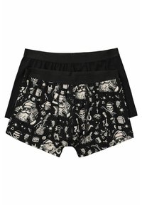Shorts de boxeur noirs avec un imprimé graphique contrastant représentant le Père Noël, des crânes et des éléments musicaux. Tissu doux avec une ceinture confortable.