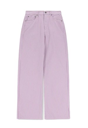 Wide-leg trousers in light purple with white vertical stripes, featuring front pockets, a button closure, and contrast stitching.