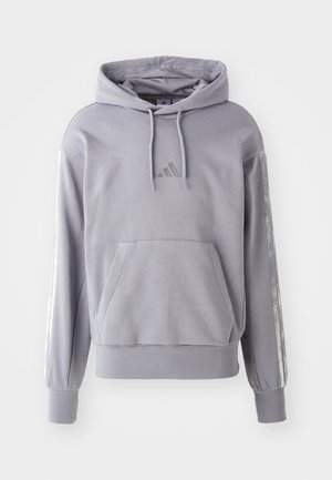 Gray hooded sweatshirt with a front pouch pocket, ribbed cuffs, and silver accents along the sleeves; features an embroidered logo on the chest.